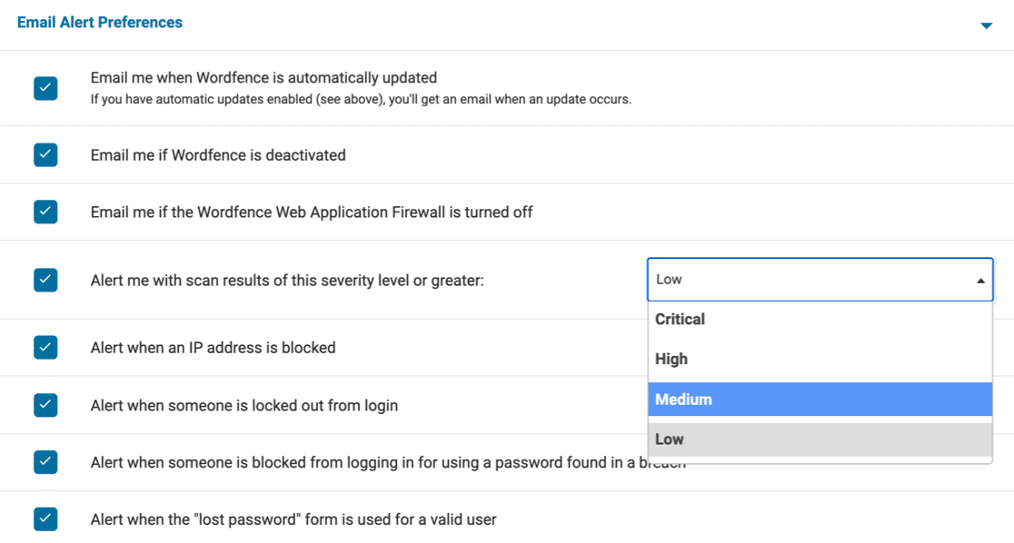 Wordfence Email Alert Preferences showing alert switches and the scan severity dropdown